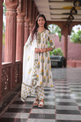 Arihantam Mustard Petal Stripe A-Line Cotton Printed Suit Set